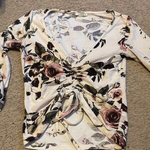 Elegant Floral V-Neck Ruched Blouse